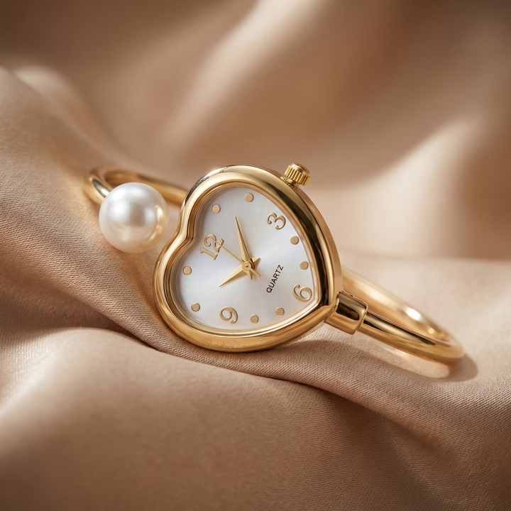 Gold quartz women's watch adorned with shimmering pearls. Elegant bracelet design, a perfect fashion accessory.