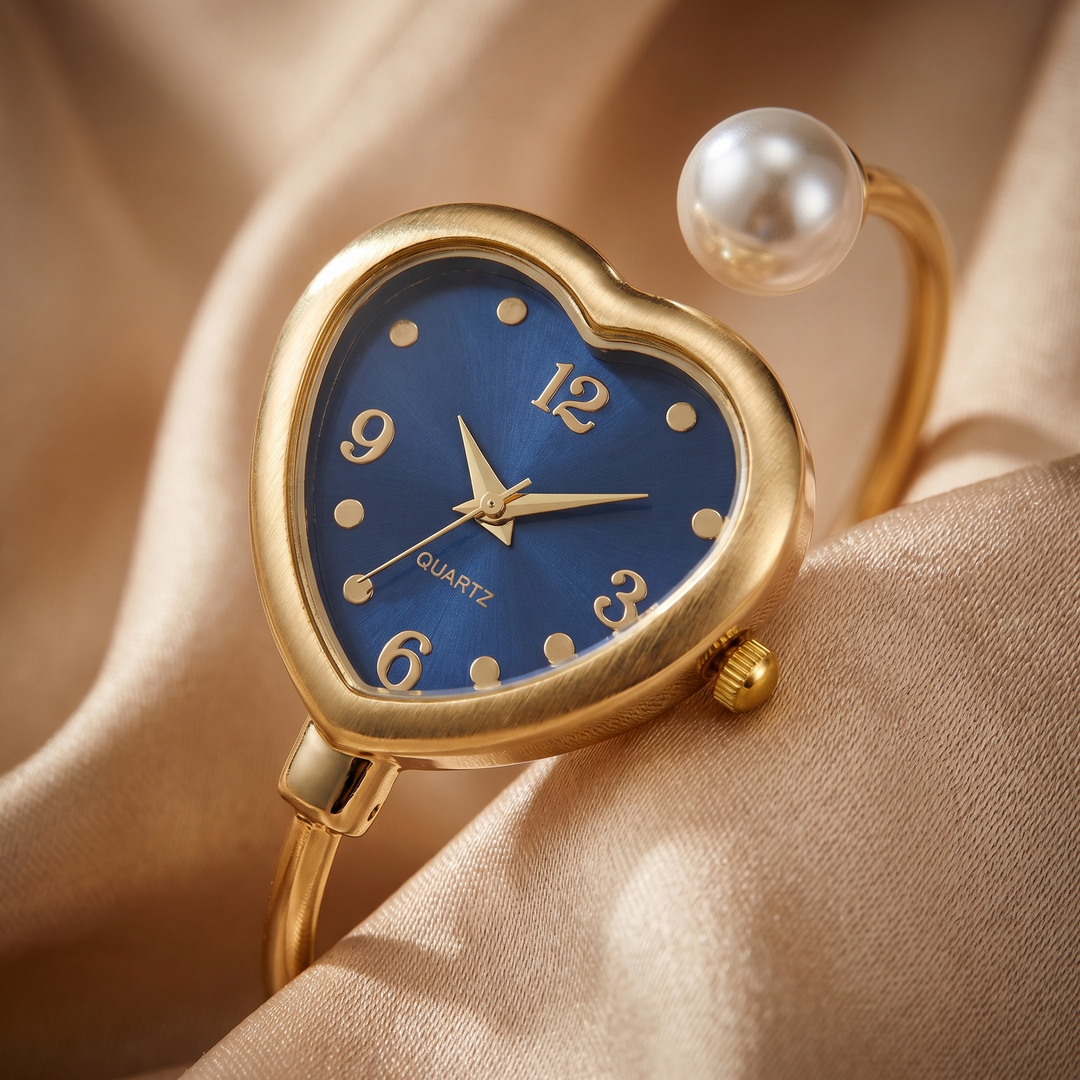 Beautiful women's gold fashion watch with pearl accents, a delicate bracelet, and a precise quartz movement.