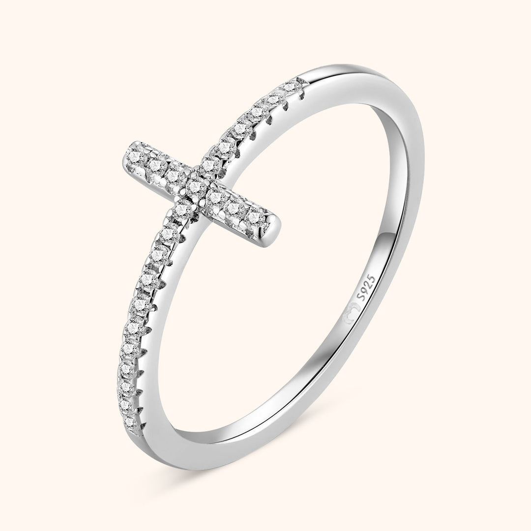 Elegant women's gold plated sterling silver cross ring with sparkling zirconia, perfect faith jewelry gift.