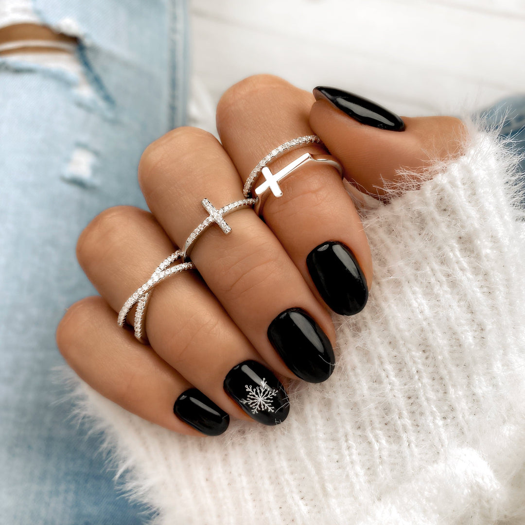 Women's stackable gold plated faith ring featuring a sparkling zirconia cross, an elegant religious jewelry piece.
