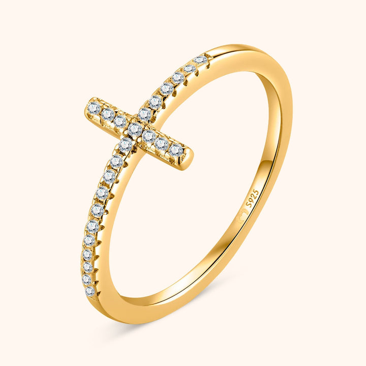 Gold plated sterling silver women's cross ring with brilliant zirconia, an elegant faith jewelry gift for her.