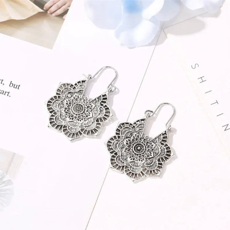 Elegant women's gold & silver lotus mandala earrings. Hypoallergenic spiritual jewelry, perfect for boho chic style.