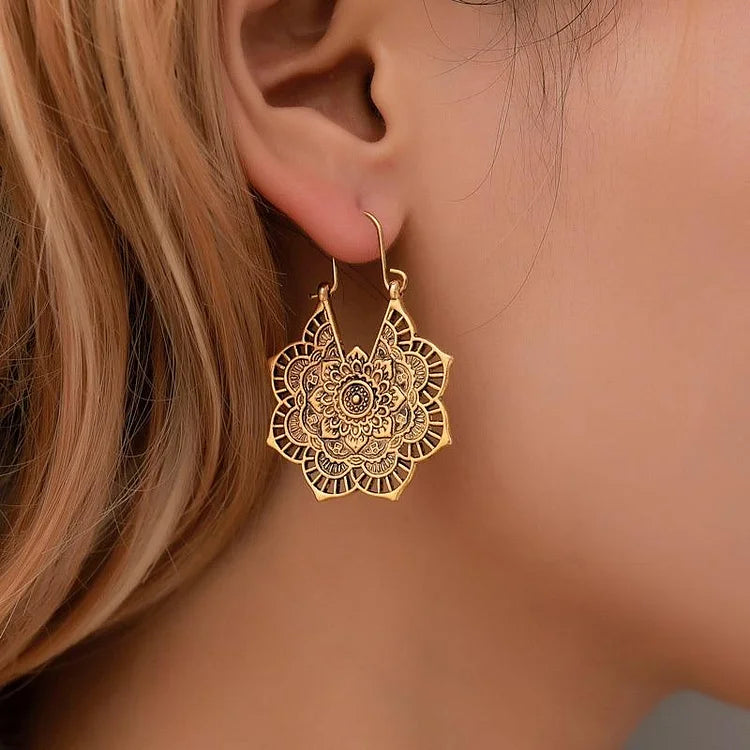 Intricate lotus mandala earrings for women in gold & silver. Spiritual & boho chic, great for meditation or everyday wear.