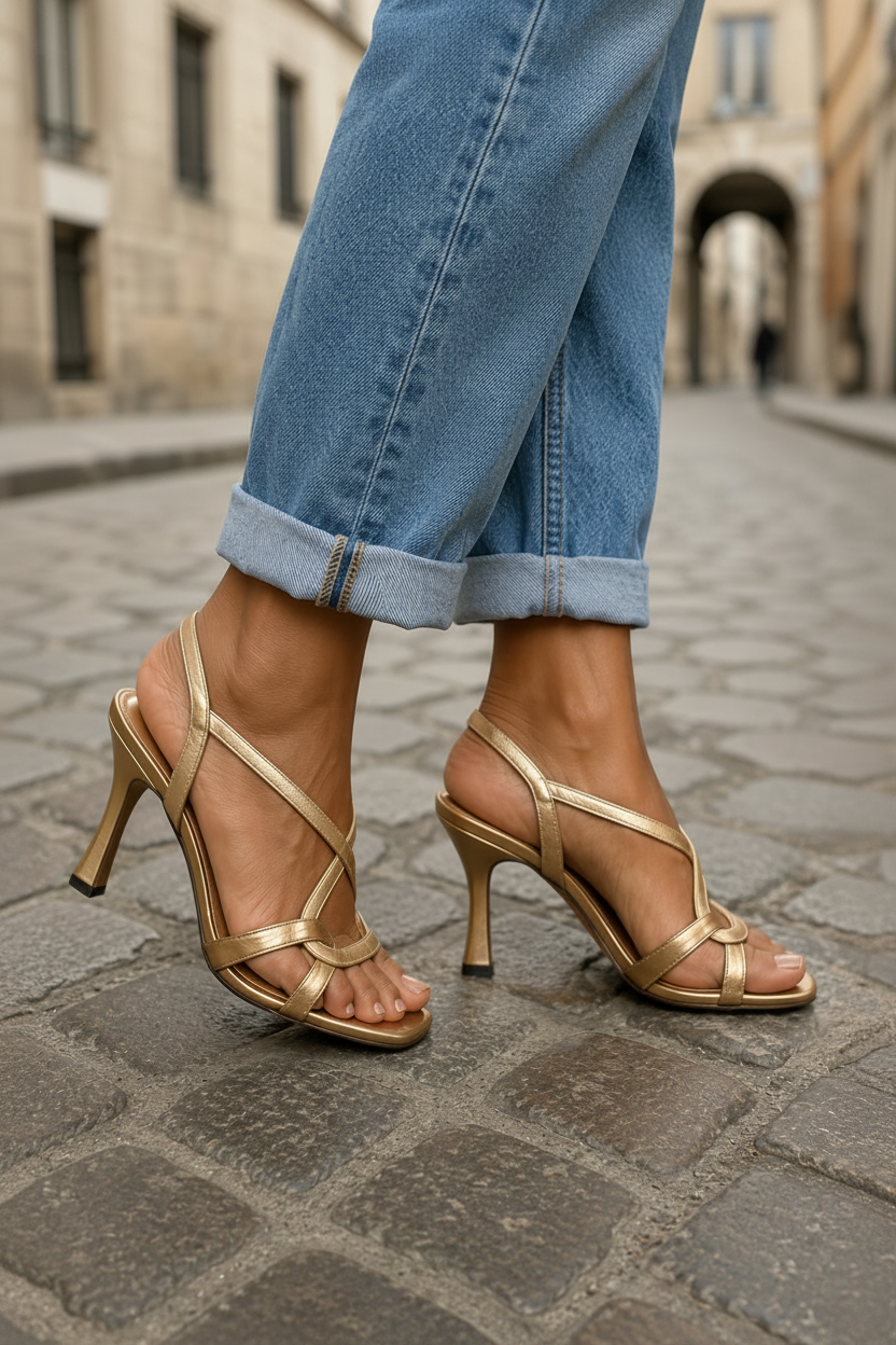 Women's fashion golden high heel sandals with an elegant design, ideal footwear for wedding guests & parties.