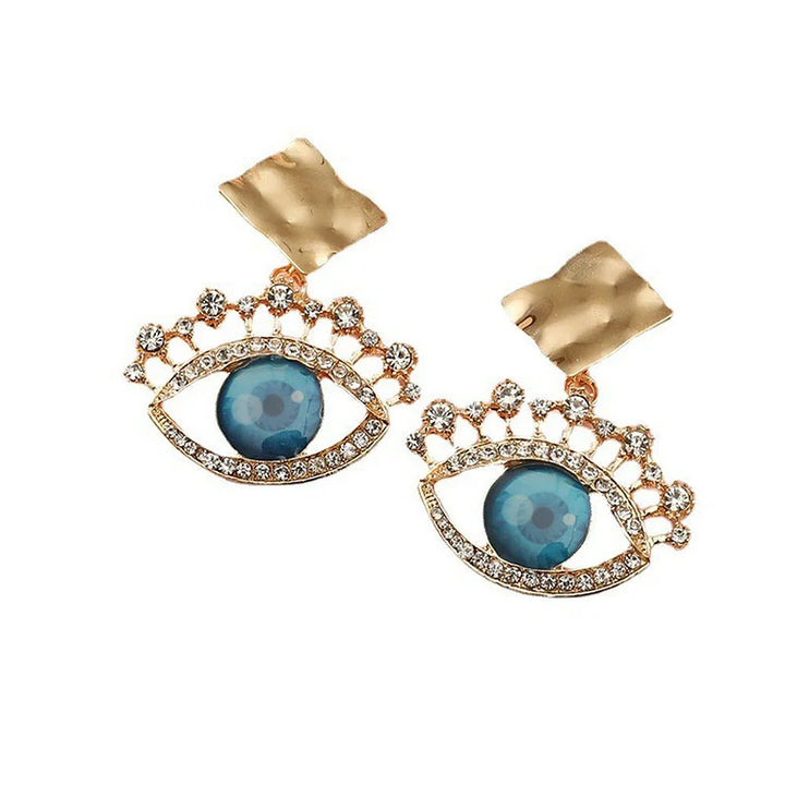 Stylish women's golden vintage evil eye drop earrings, elegant protective jewelry with dazzling rhinestones.