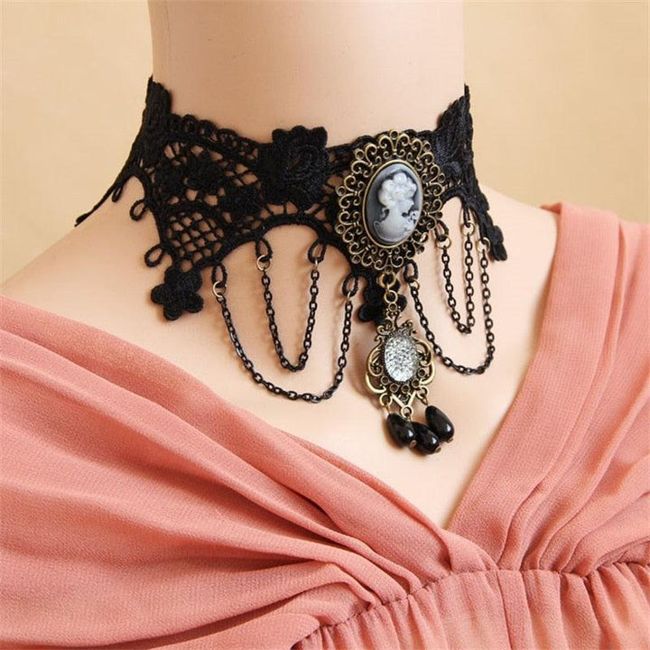 Elegant women's Gothic charm necklace, unique fashion jewelry for a dark academia aesthetic. Statement accessory.