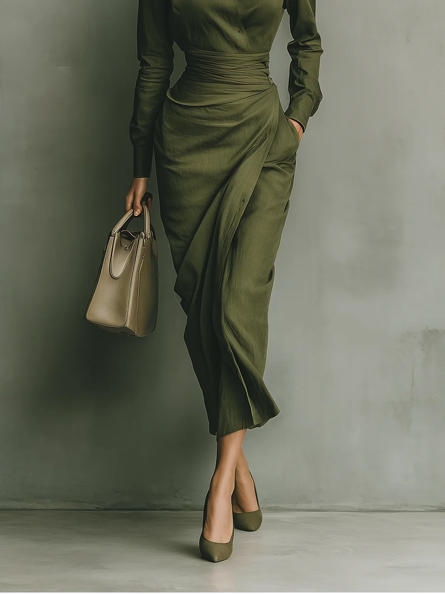Versatile green wrap dress for women, ideal for elegant office wear or chic evening events, flattering.