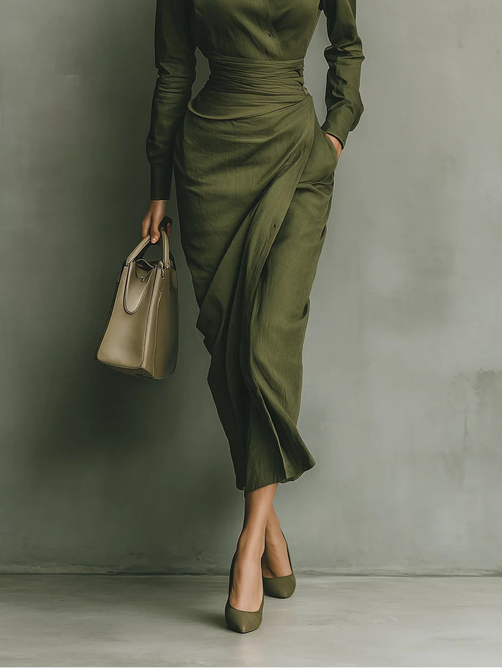 Versatile green wrap dress for women, ideal for elegant office wear or chic evening events, flattering.