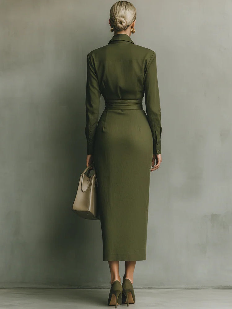 Fashionable women's green midi wrap dress, offering a flattering style for both professional and evening looks.