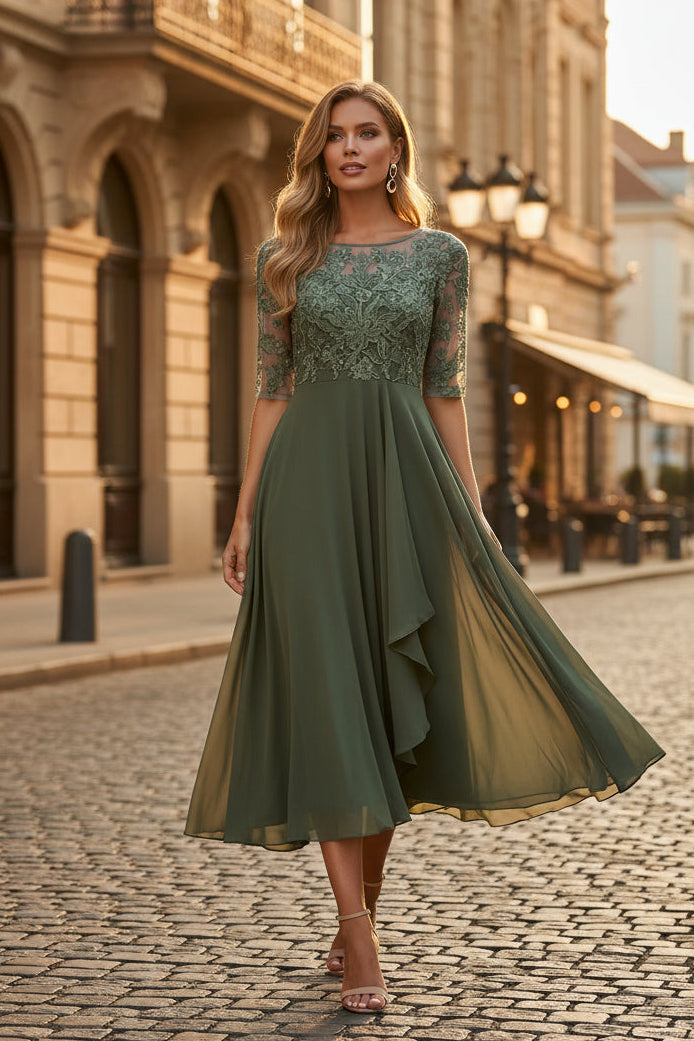 Beautiful women's half sleeve formal dress, ideal for elegant evening events & wedding guests.