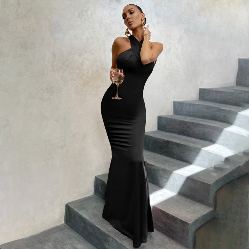 Elegant women's halter mermaid maxi wedding guest dress, perfect for formal occasions & evening parties.