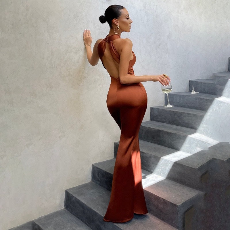 Stylish women's halter mermaid silhouette maxi dress, an elegant choice for wedding guests & gala events.