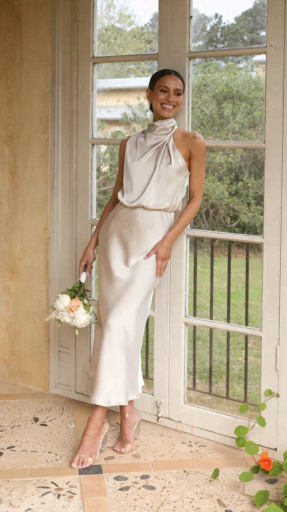 Elegant women's halter midi dress, perfect for evening events and formal wear.