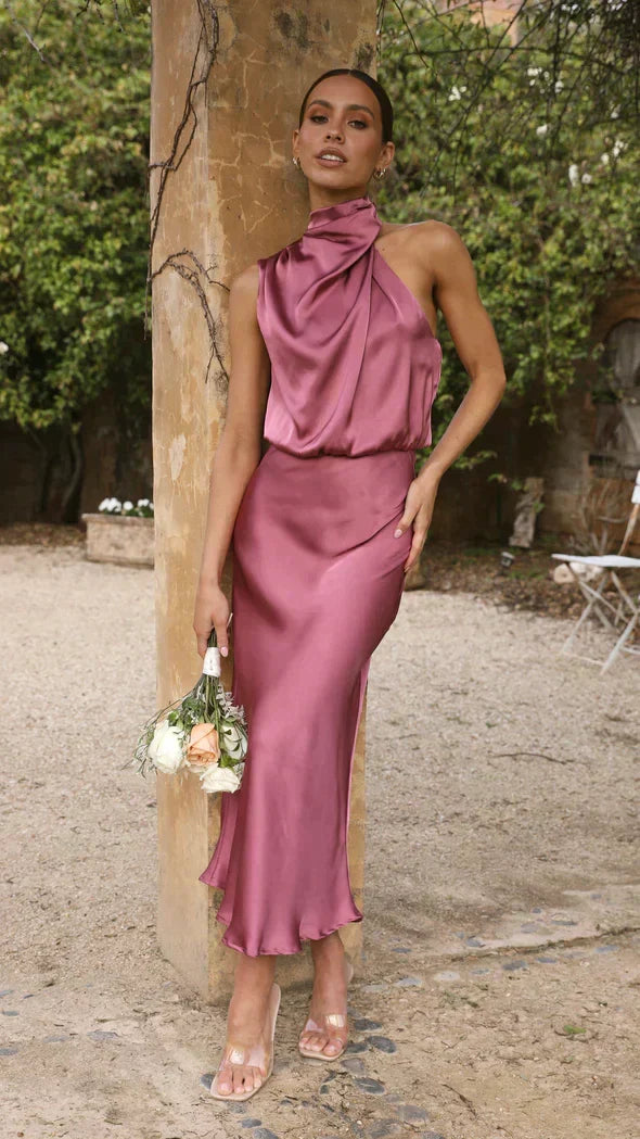 Versatile elegant halter midi dress, perfect for evening, party, or formal wear.