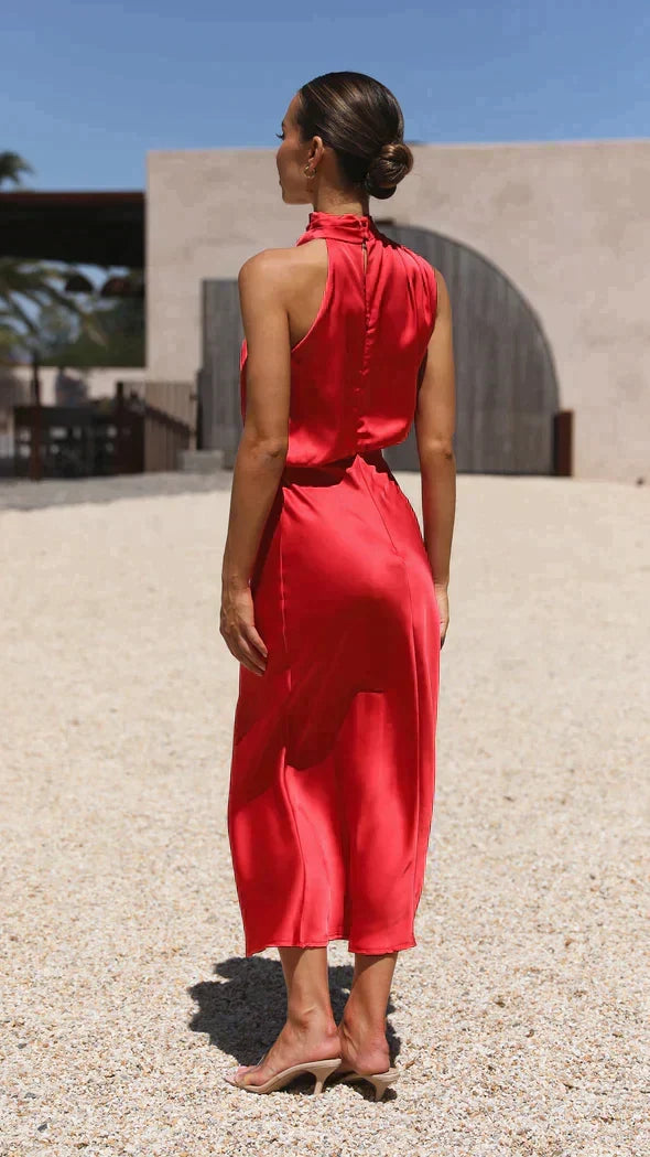 Beautiful women's halter midi party dress, elegant and chic for celebrations.