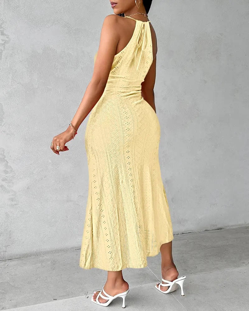 Lightweight summer halter maxi dress with a playful slit, perfect for vacation, cruises & beach resorts.