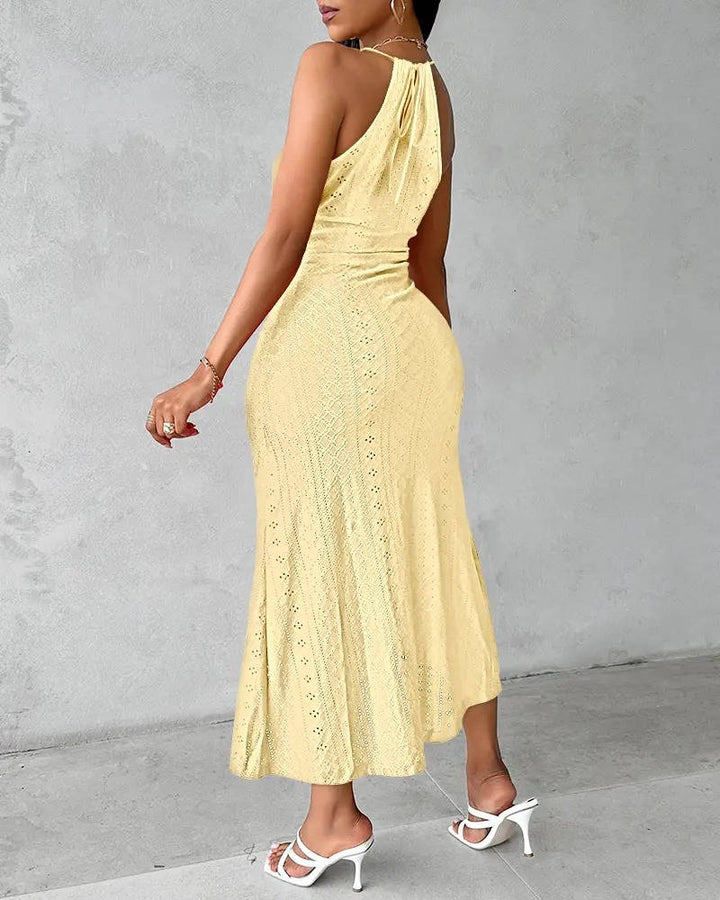 Lightweight summer halter maxi dress with a playful slit, perfect for vacation, cruises & beach resorts.