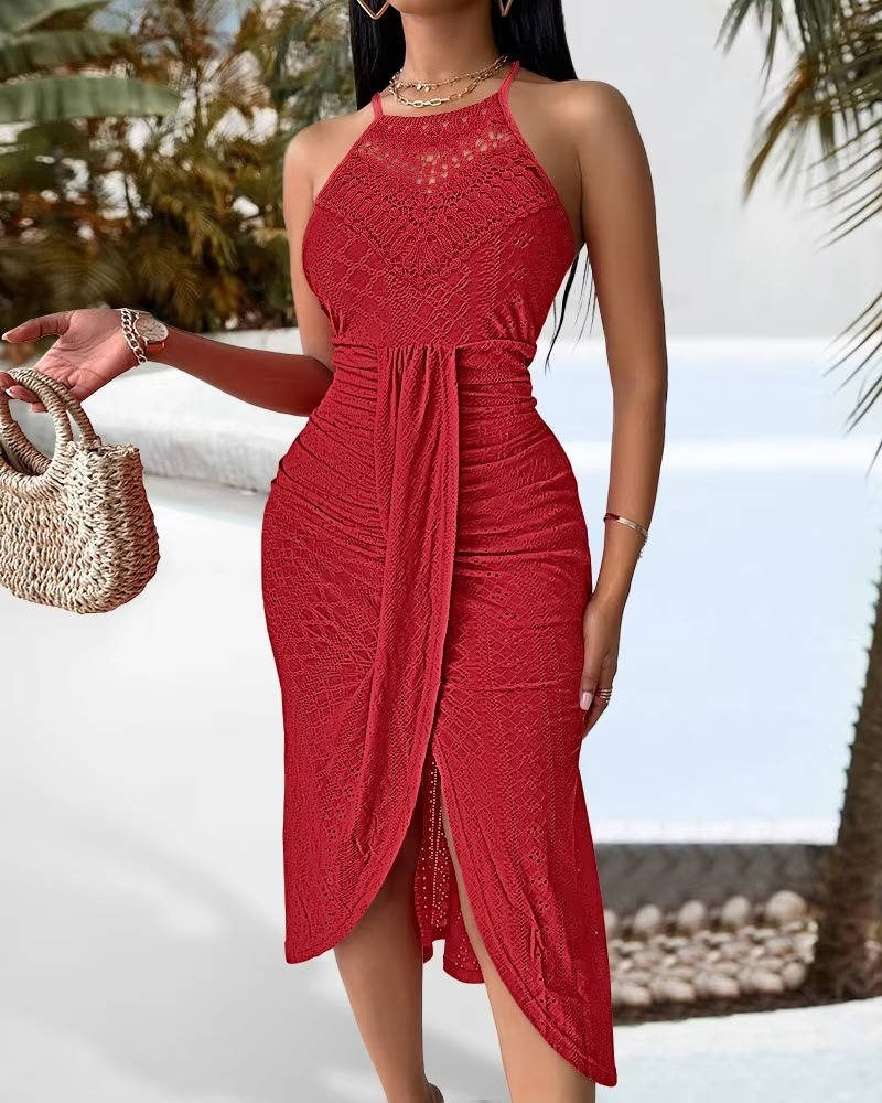 Pretty floral print halter maxi dress with slit, a lovely option for spring events, brunches & garden parties.