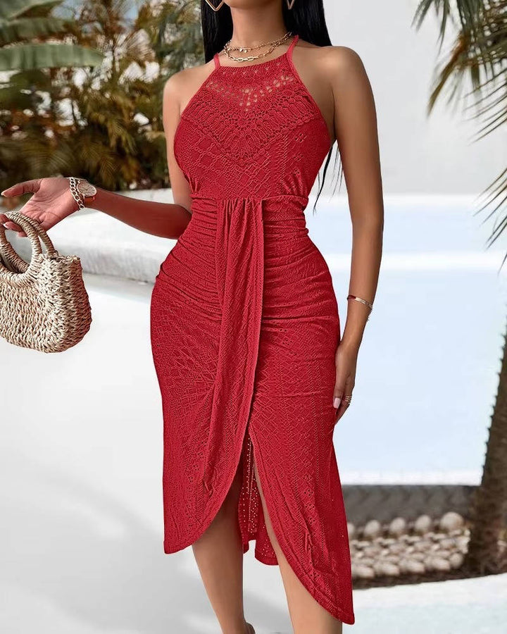 Pretty floral print halter maxi dress with slit, a lovely option for spring events, brunches & garden parties.