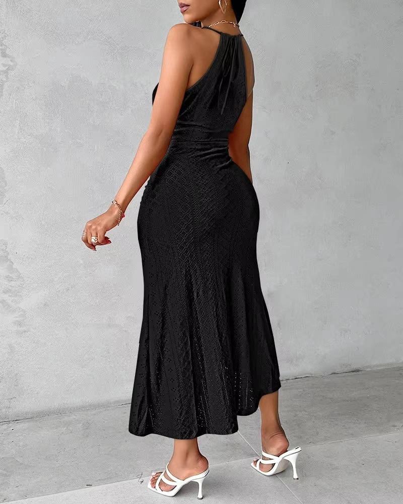 Versatile white halter maxi dress with leg slit, great for resort wear, summer parties & wedding guest attire.