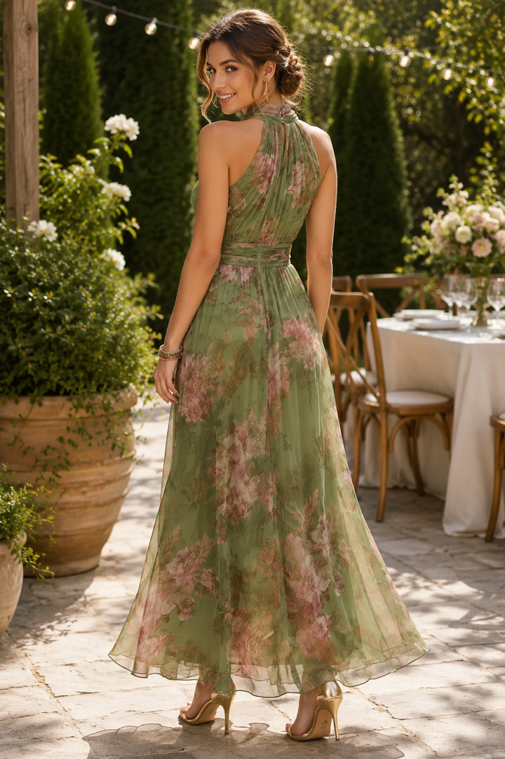 Stunning women's floral halter maxi dress, elegant and perfect as party wear or a sophisticated vacation outfit.