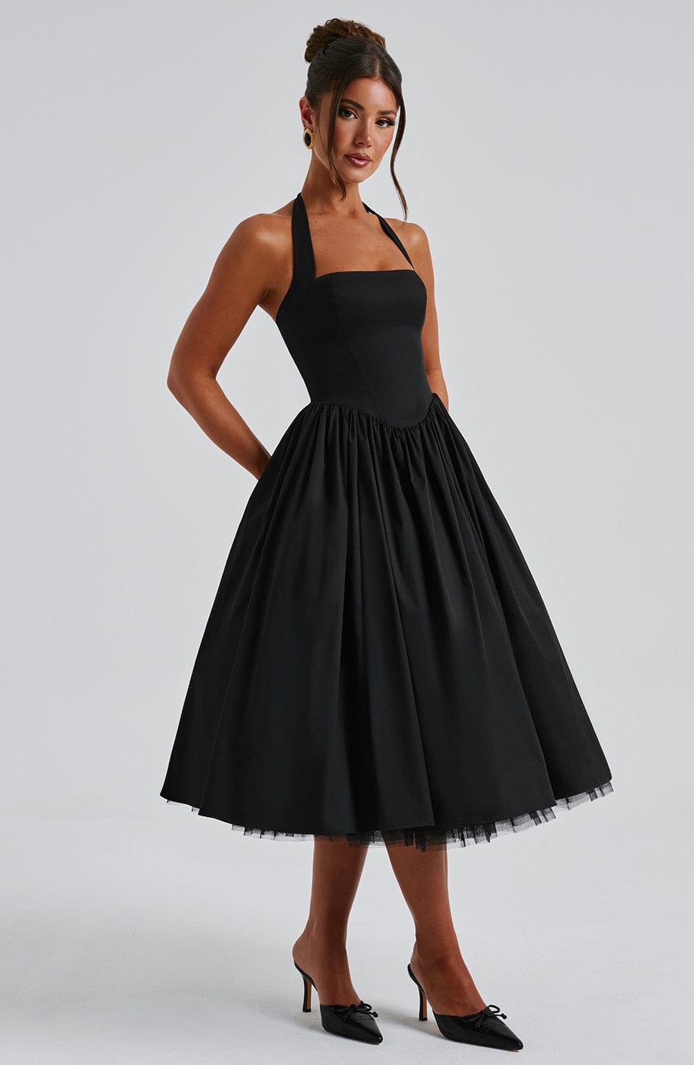 Women's formal halter neck midi dress, a stunning choice for special occasions & evening events.