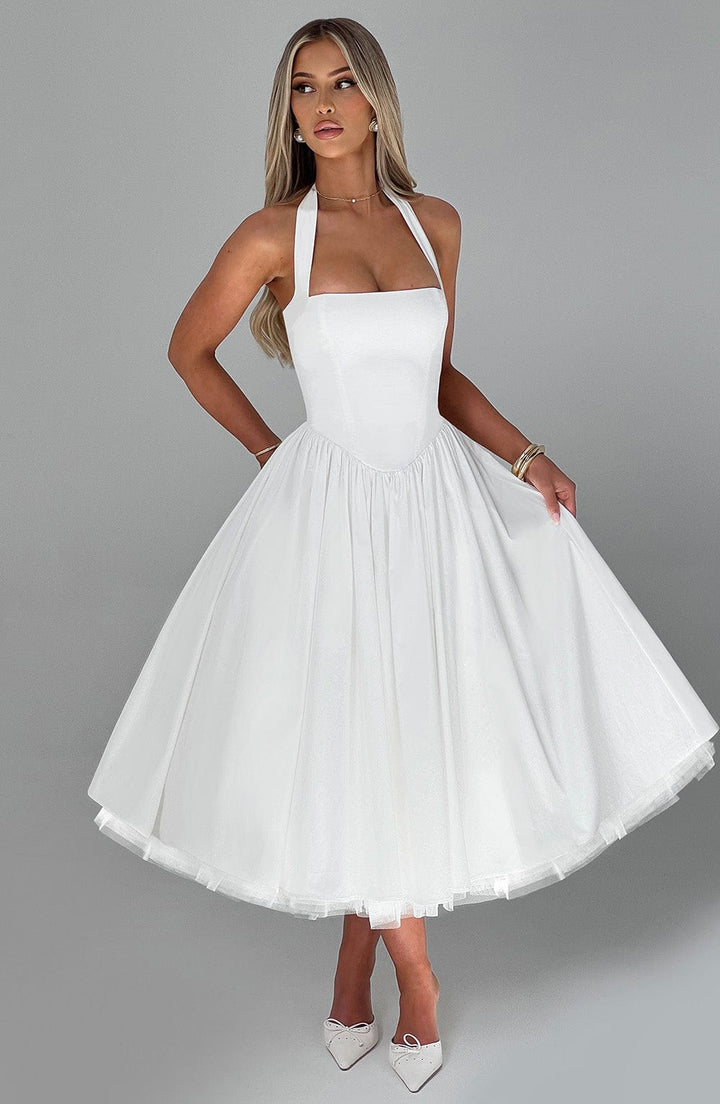 Graceful women's midi dress with halter neck, ideal for weddings, parties & formal gatherings.