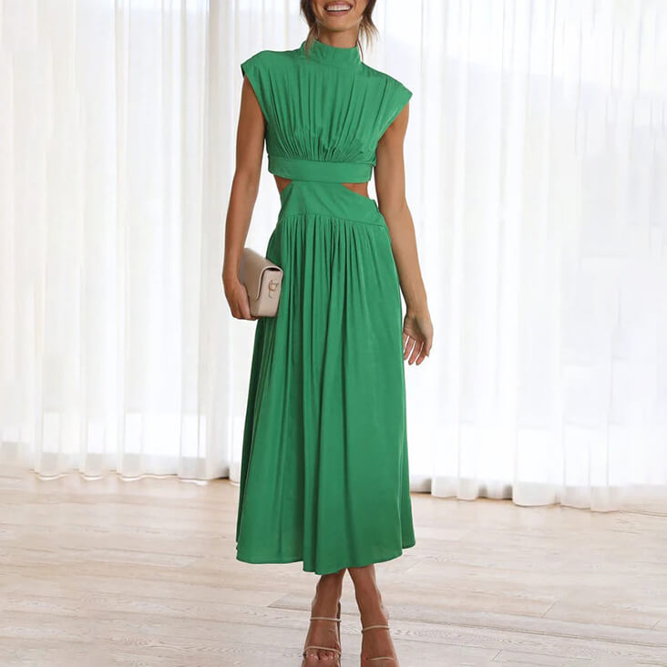Elegant women's halter neck midi dress with a stylish side slit, perfect for summer parties.