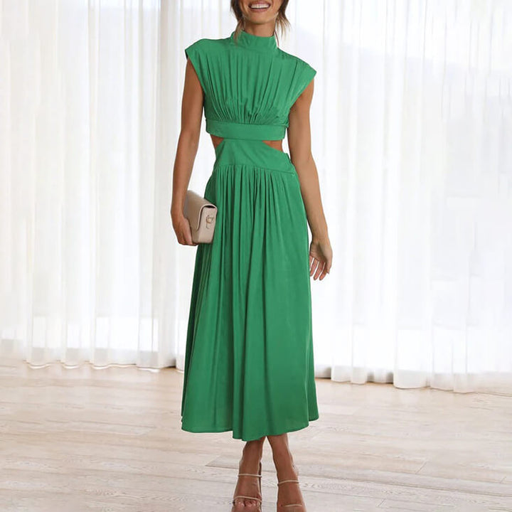 Elegant women's halter neck midi dress with a stylish side slit, perfect for summer parties.