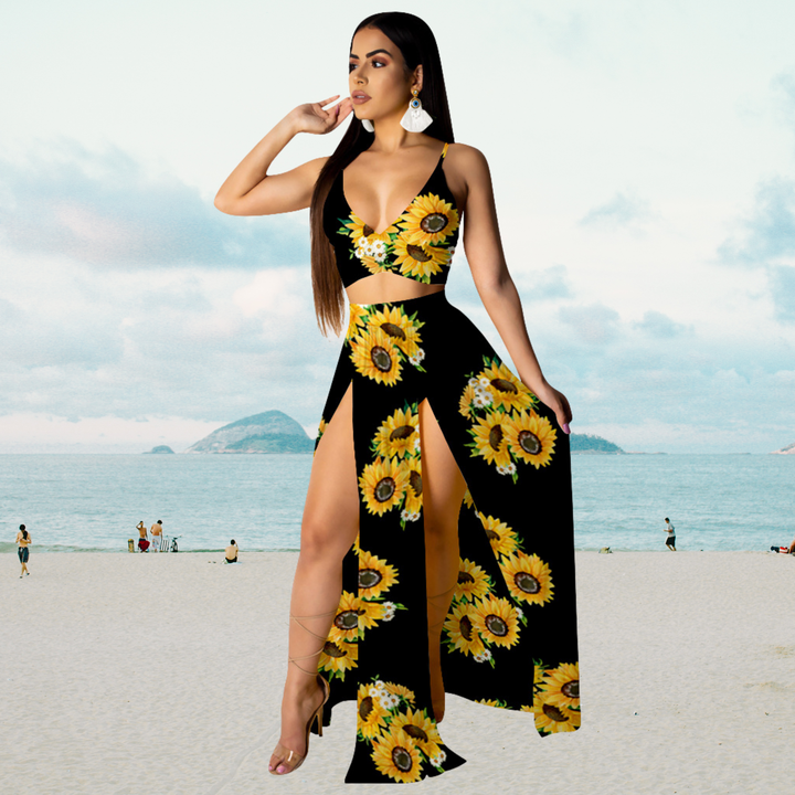 Versatile women's halter top and split skirt set, a must-have for summer parties and holidays