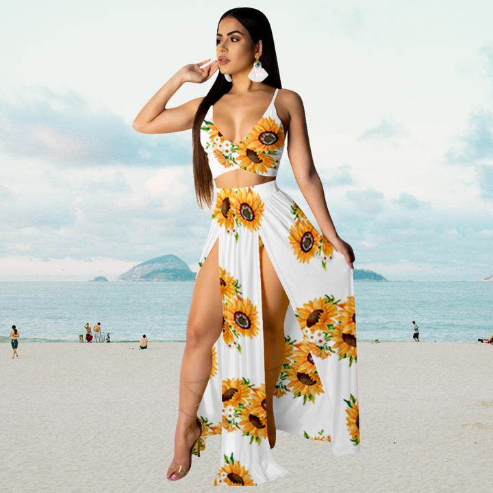 Flowy women's two-piece set: halter top and long skirt with a stylish split, summer elegance