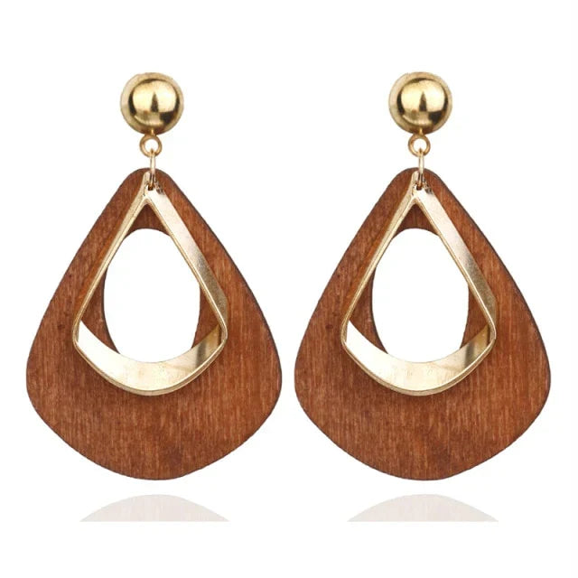 Unique handmade wooden teardrop earrings, natural charm, elegant & lightweight statement jewelry for women.