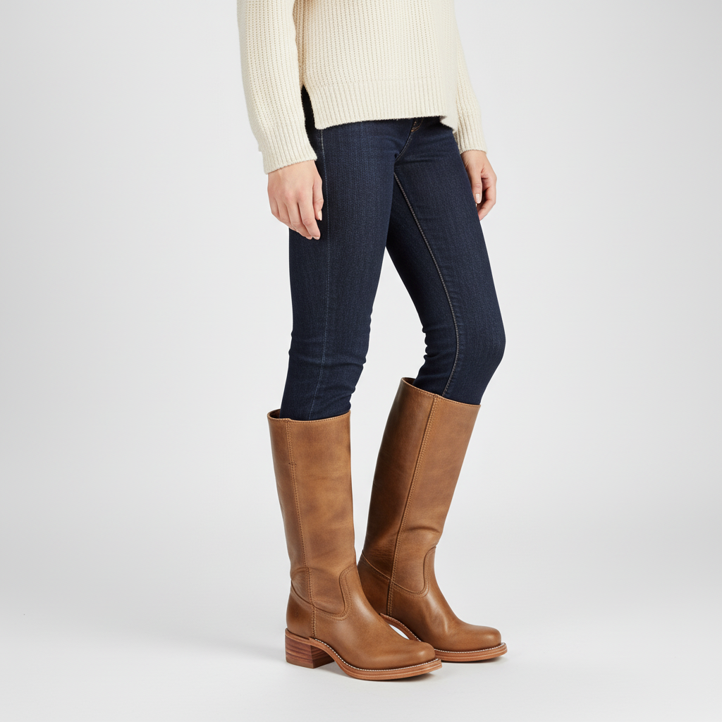 Serena high-calf black leather boots for women, showcasing timeless style and comfortable footwear.