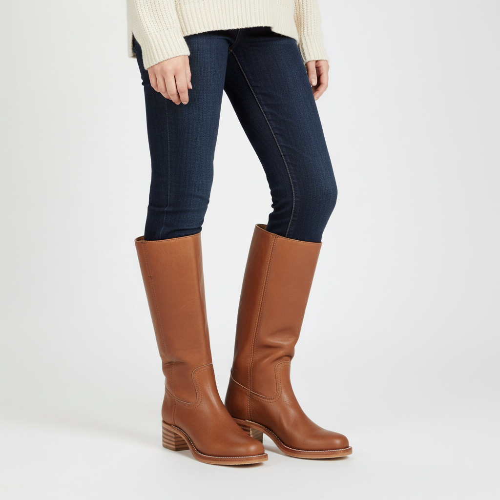 Close-up of Serena high-calf black leather boots, highlighting their quality and elegant design.