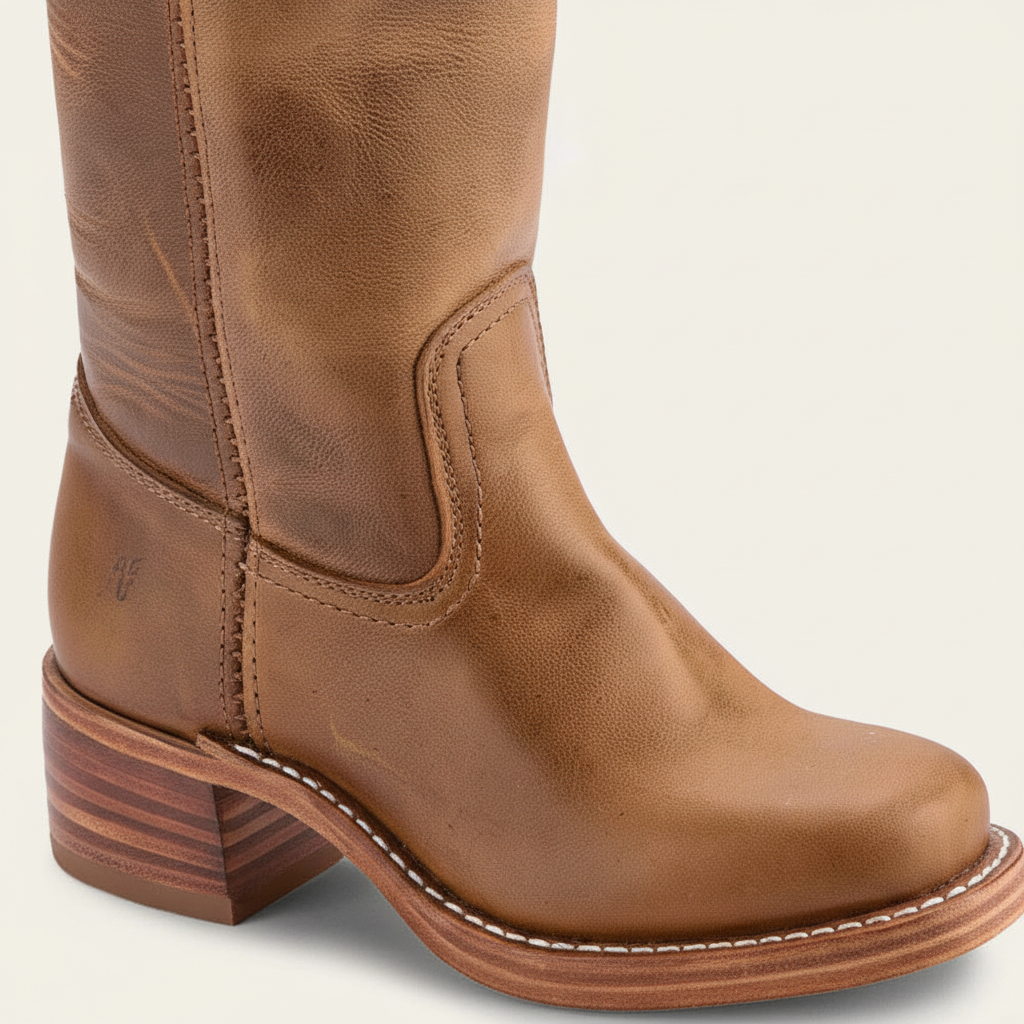 Close-up of women's black leather high-calf Serena boots showcasing quality craftsmanship