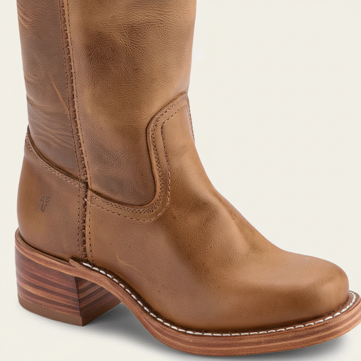 Close-up of women's black leather high-calf Serena boots showcasing quality craftsmanship