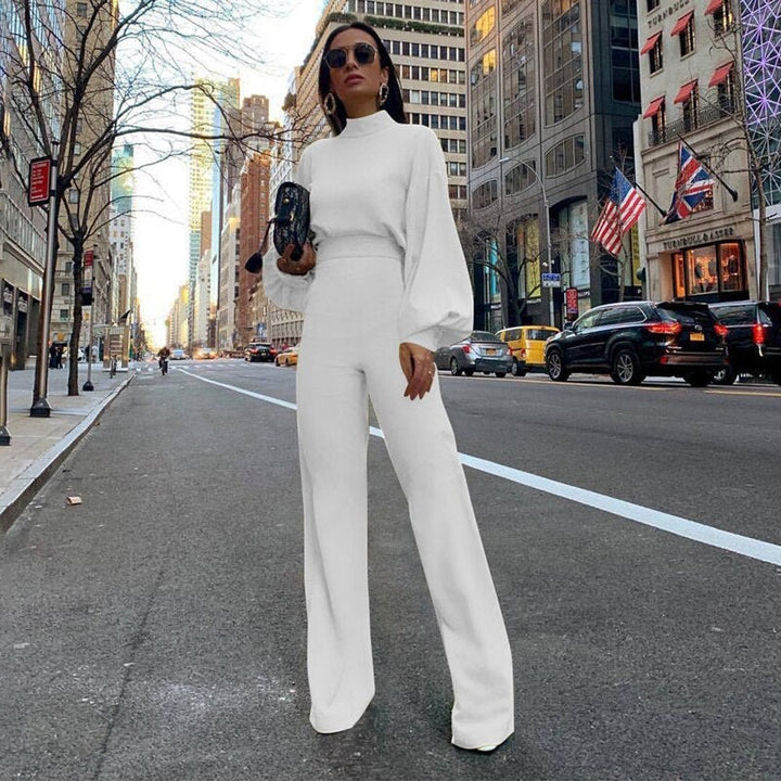 Elegant women's high collar jumpsuit, long sleeve, perfect for formal events or chic casual wear. Versatile one-piece.