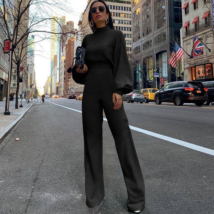 Chic women's long sleeve jumpsuit with a high collar, ideal for versatile fashion, from casual to formal outfits.
