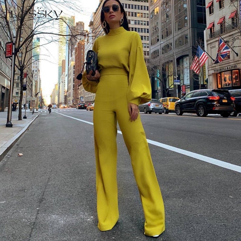Trendy Evelyn high collar jumpsuit for women, long sleeve, designed for elegant casual wear or formal occasions.