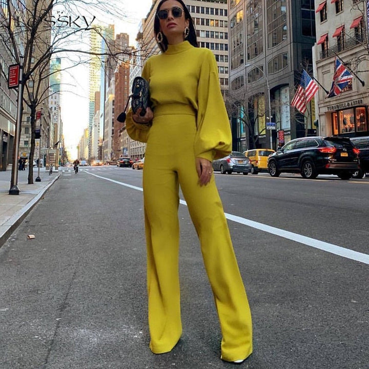 Trendy Evelyn high collar jumpsuit for women, long sleeve, designed for elegant casual wear or formal occasions.