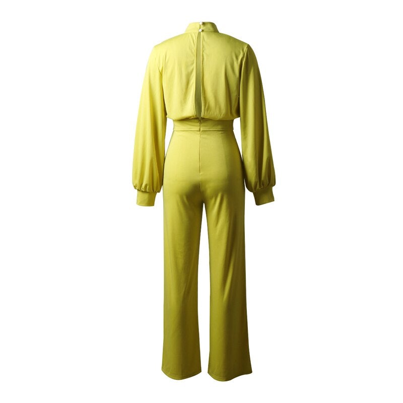 Stylish women's high collar long sleeve jumpsuit. A chic, elegant one-piece for versatile fashion and modern outfits.