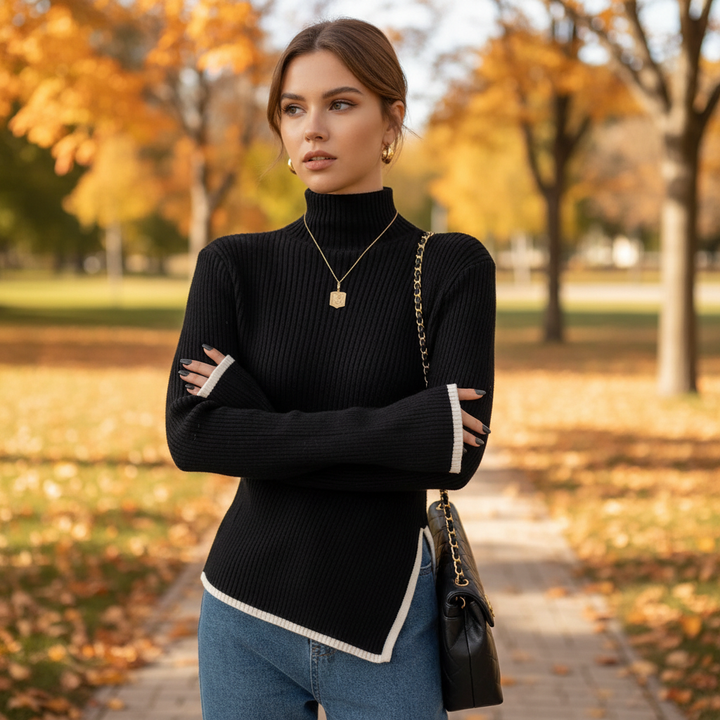 Elegant women's high collar knit sweater, slim fit acrylic blend