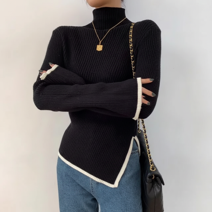 Cozy women's high collar sweater, elegant slim fit knit pullover