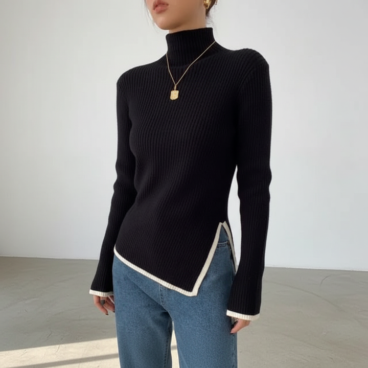 Women's warm acrylic blend high collar knit sweater, long sleeve