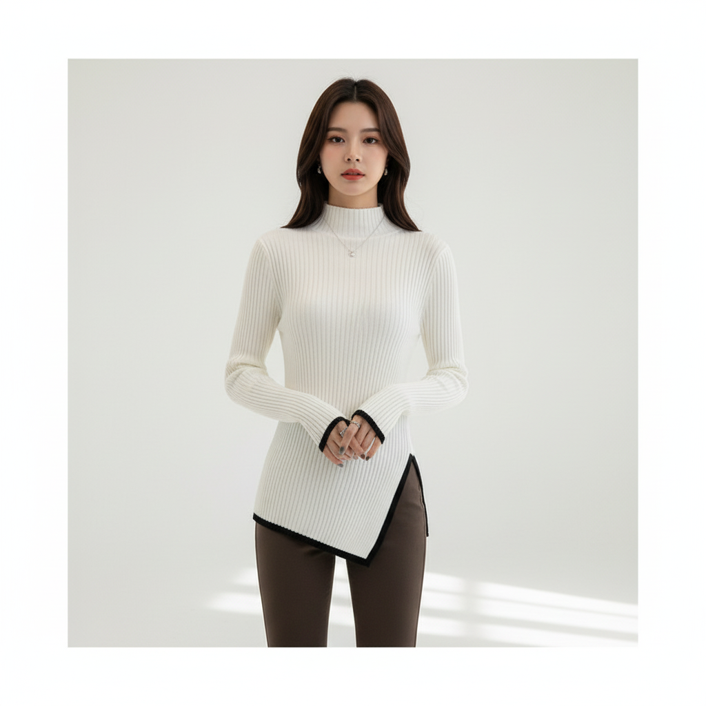 Elegant women's slim fit knitwear, high collar and long sleeves