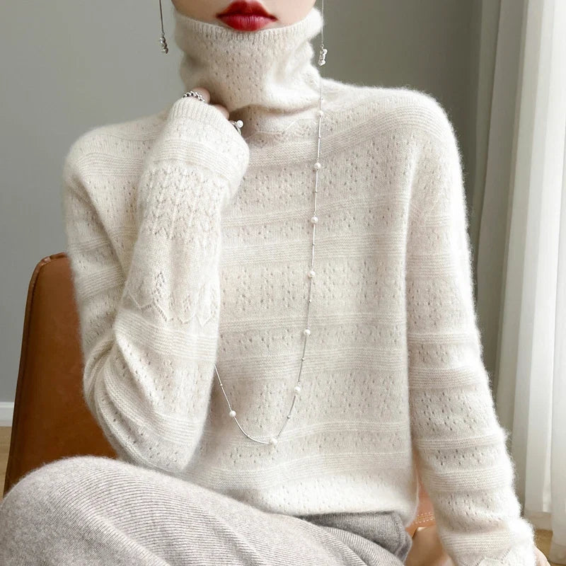 Elegant women's high-collar sweater. Cozy long-sleeve pullover for stylish winter warmth & comfort.
