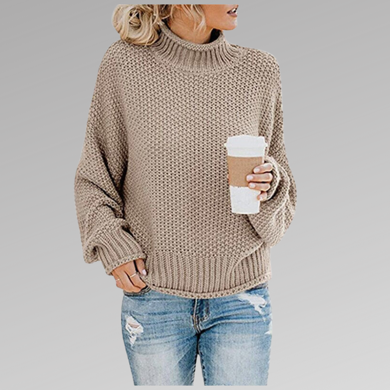 Cozy & elegant women's high neck sweater. Chic long sleeve top, versatile for casual or dressy winter fashion.