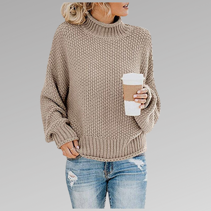 Cozy & elegant women's high neck sweater. Chic long sleeve top, versatile for casual or dressy winter fashion.