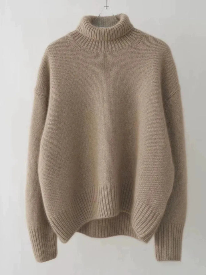 Chic women's elegant high-neck sweater, a warm layering piece for sophisticated fall and winter outfits.