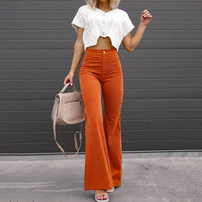 Elegant women's high-waist flared trousers in a solid color, perfect for effortless vogue style and comfort.